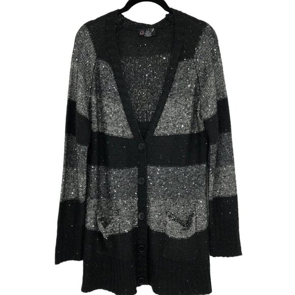Questions brand Black & Grey Striped Sparkle Sequin Glitter Buttoned Cardigan XL - Picture 1 of 13